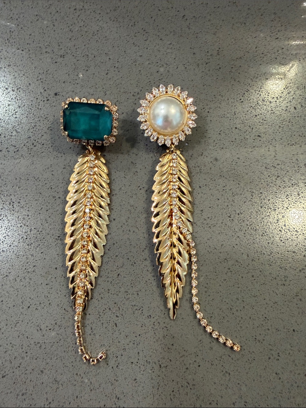 Gold Drop Feather Earrings with Green Crystal and Pearl Accents